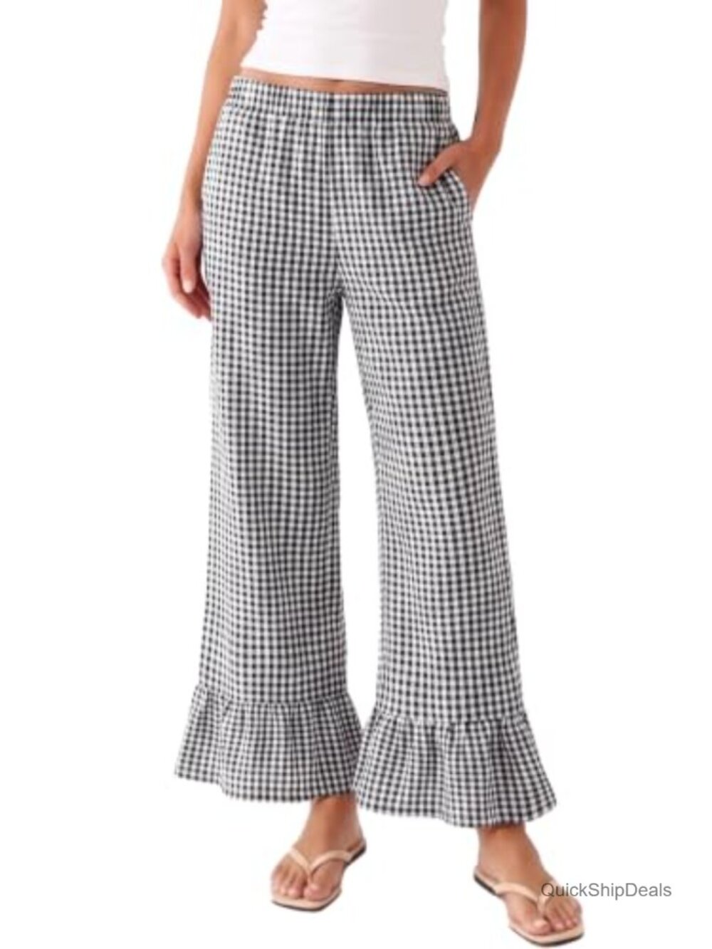 Ruffle Hem Wide Leg Palazzo Pants High Waist Flowy 97% Polyester 3% Spandex
